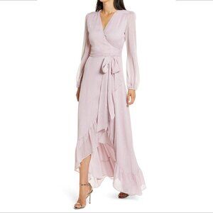 WAYF Meryl wrap dress maxi pink chiffon silver metallic ruffle long X-small XS